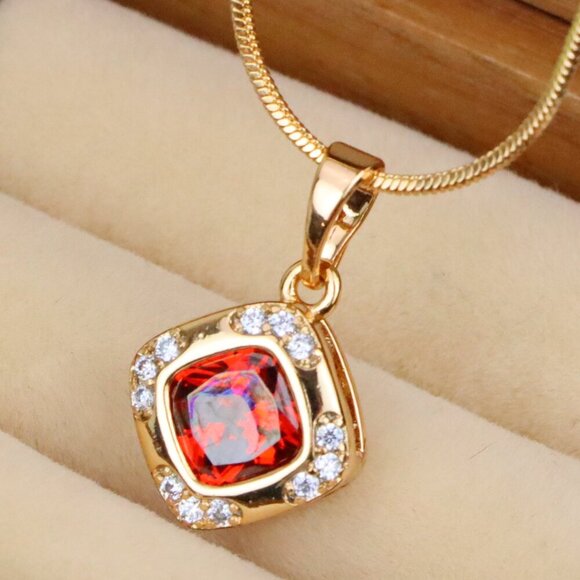 "Square Red Stone Pendant in Gold Plated Brass with Sparkling Halo, XPPT1764 - Picture 1 of 13